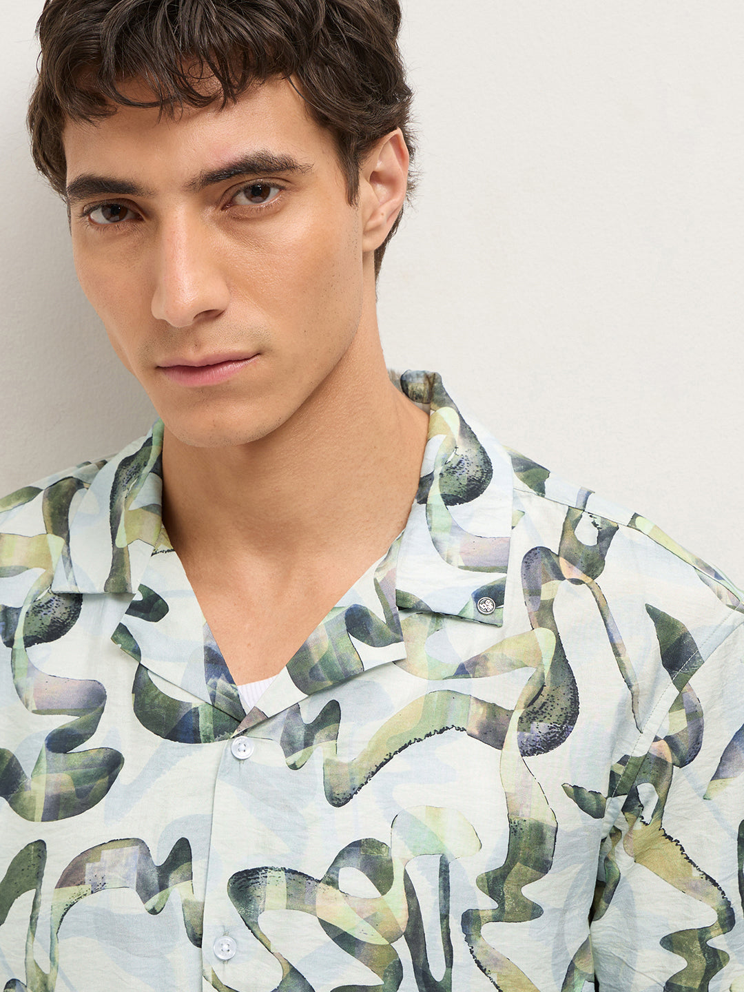 Multicolor Abstract Scribble Print Relaxed Fit Cuban Collar Casual Shirt