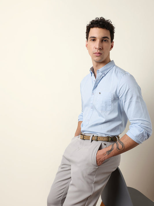 Light Blue Solid Cotton Slim Fit Casual Shirt
