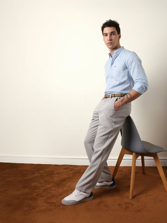 Light Blue Solid Cotton Slim Fit Casual Shirt
