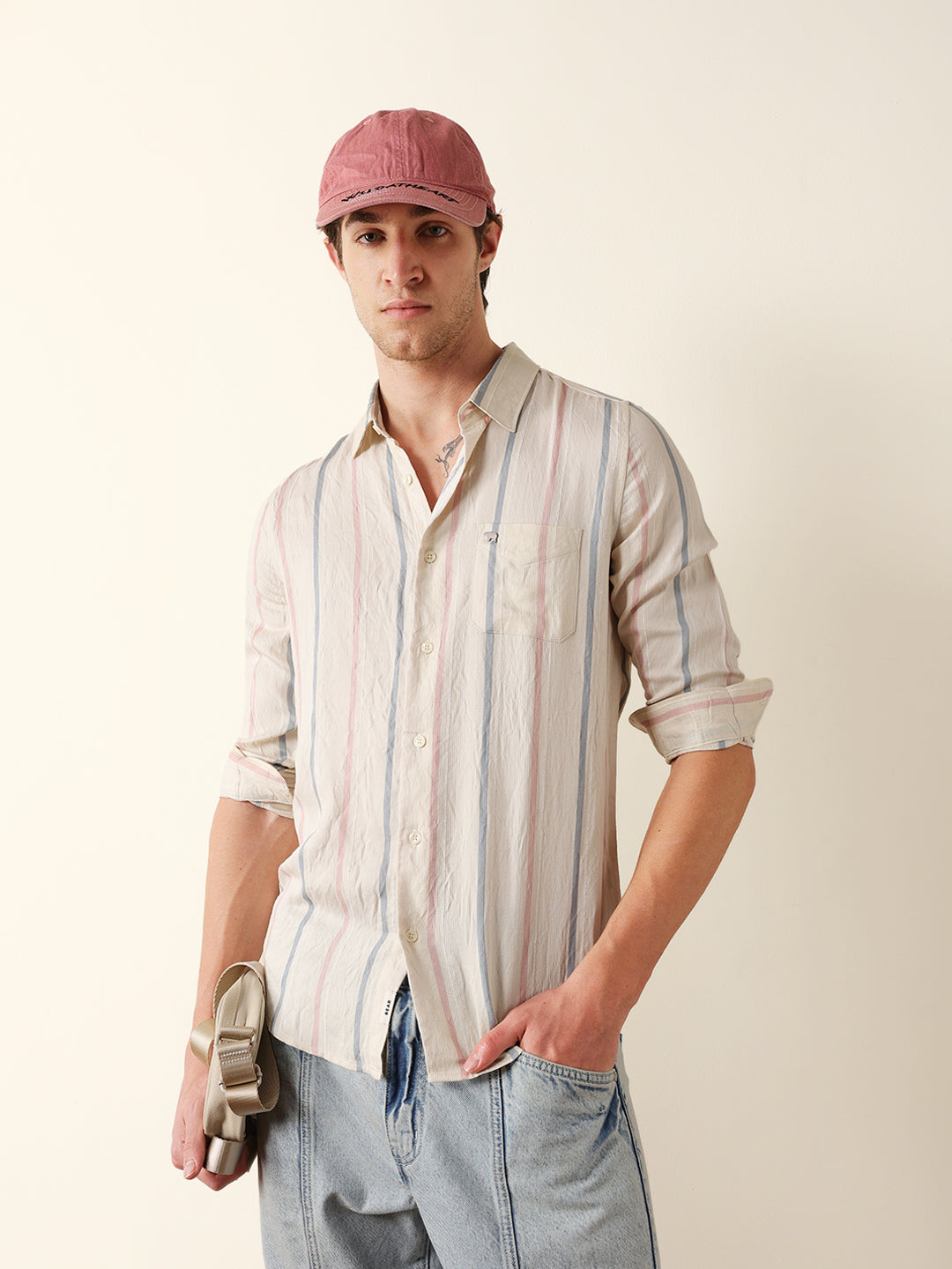 Cream Vertical Woven Stripe Slim Fit Casual Shirt