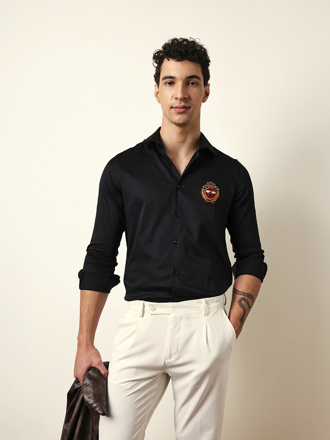 Black Tailored Fit Regal Bee Crest Embroidery Formal Party Shirt