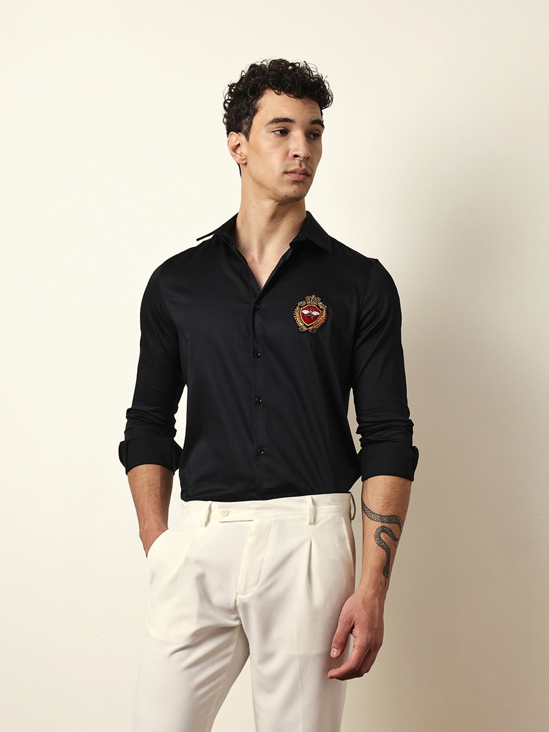 Black Tailored Fit Regal Bee Crest Embroidery Formal Party Shirt