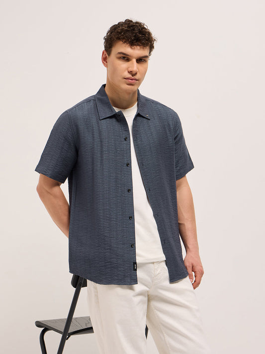 Blue Crinkled Textured Regular Fit Half-Sleeve Casual Shirt
