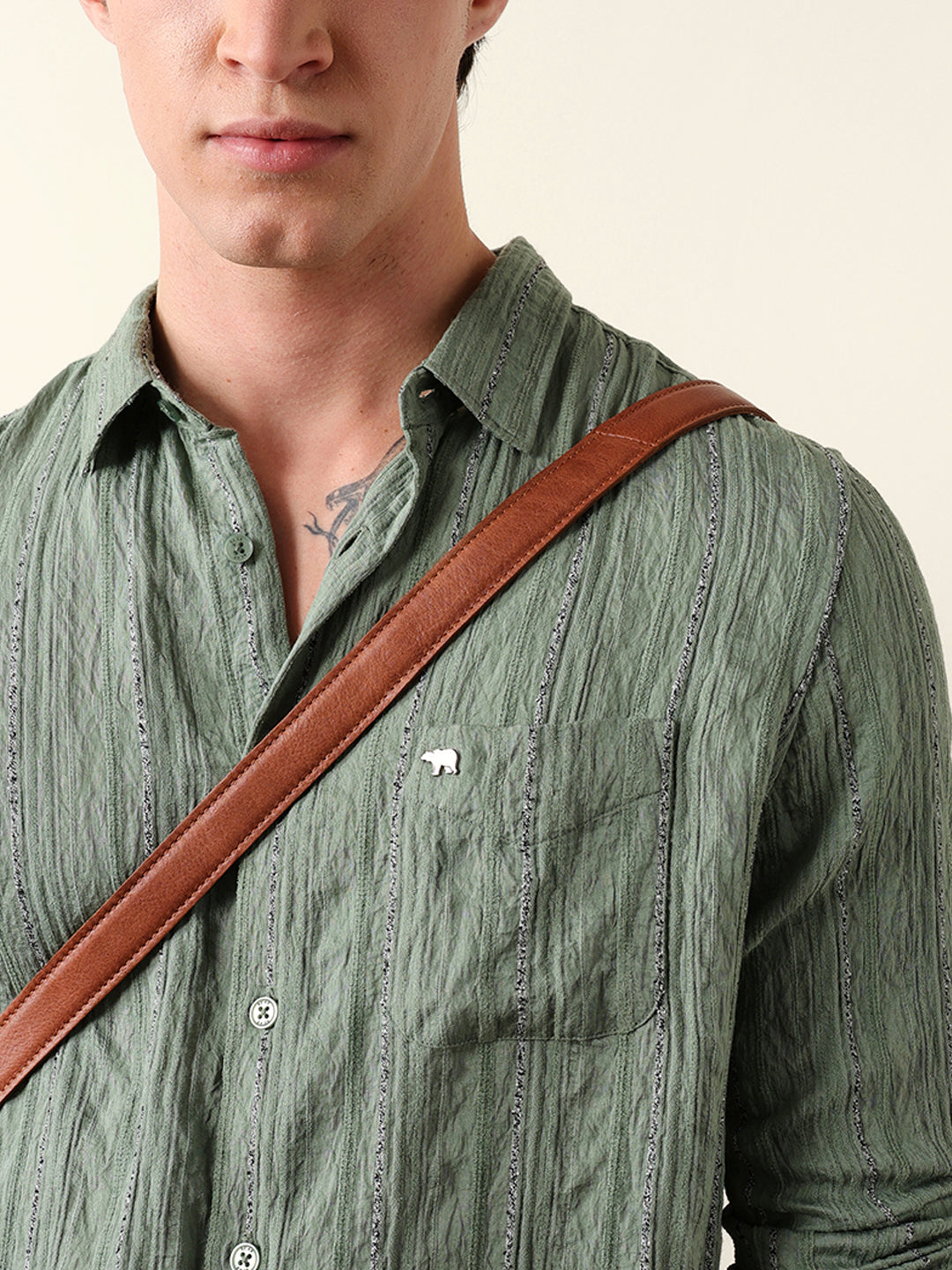 Green Vertical Seersucker Pinstripe Slim Fit Casual Shirt