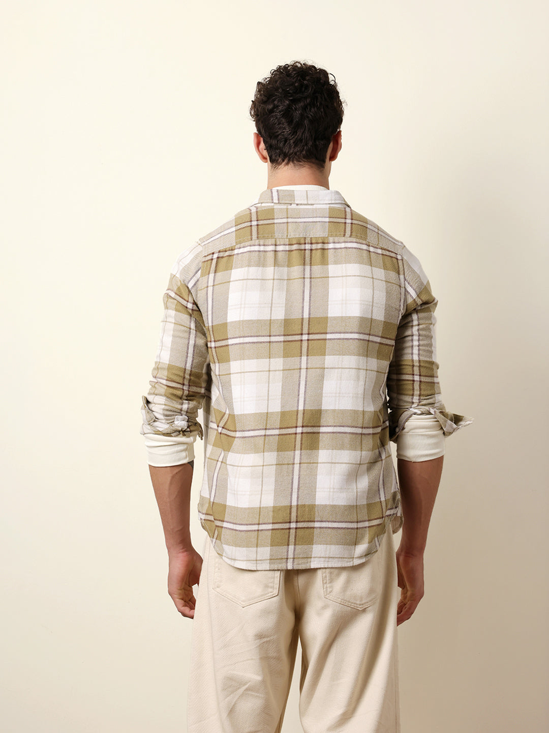 Olive & White Flannel Check Slim Fit Casual Shirt