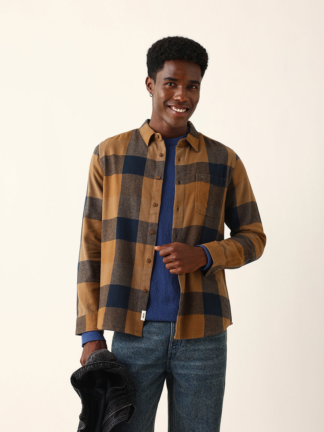 Mustard with Navy Blue Flannel Checked Regular Fit Overshirt