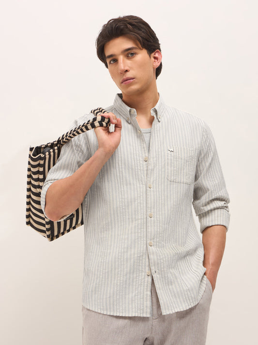 Grey Slim Fit Casual Shirt with Woven Vertical Textured Stripes