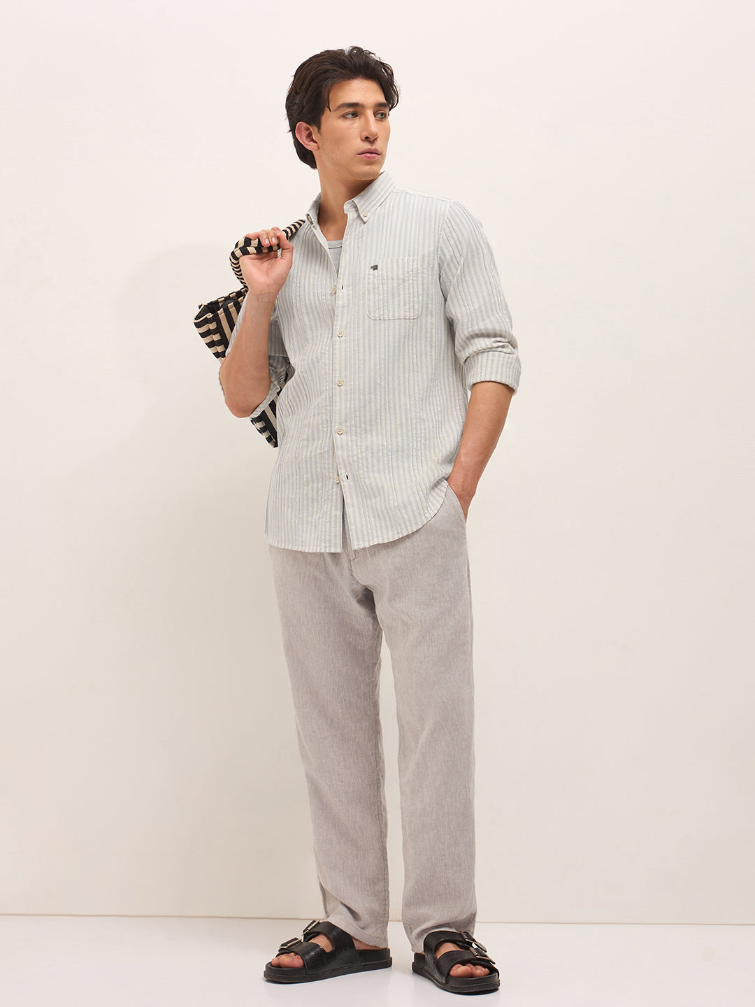 Grey Slim Fit Casual Shirt with Woven Vertical Textured Stripes