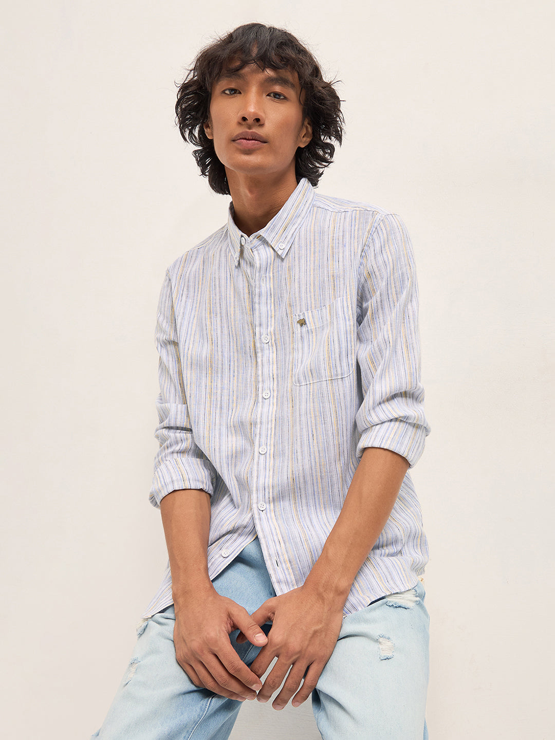 Blue Vertical Stripes Slim Fit Casual Shirt