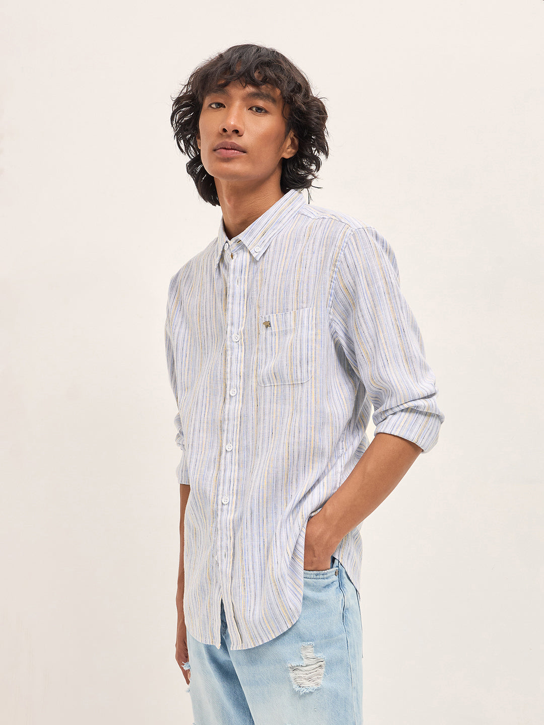 Blue Vertical Stripes Slim Fit Casual Shirt