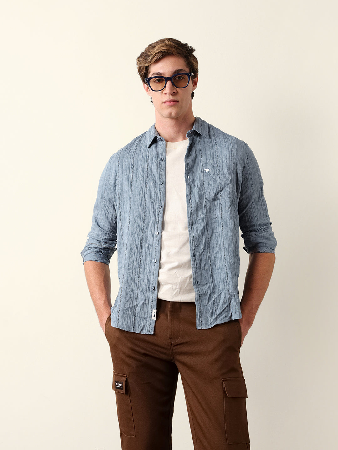 Blue Vertical Seersucker Pinstripe Slim Fit Casual Shirt