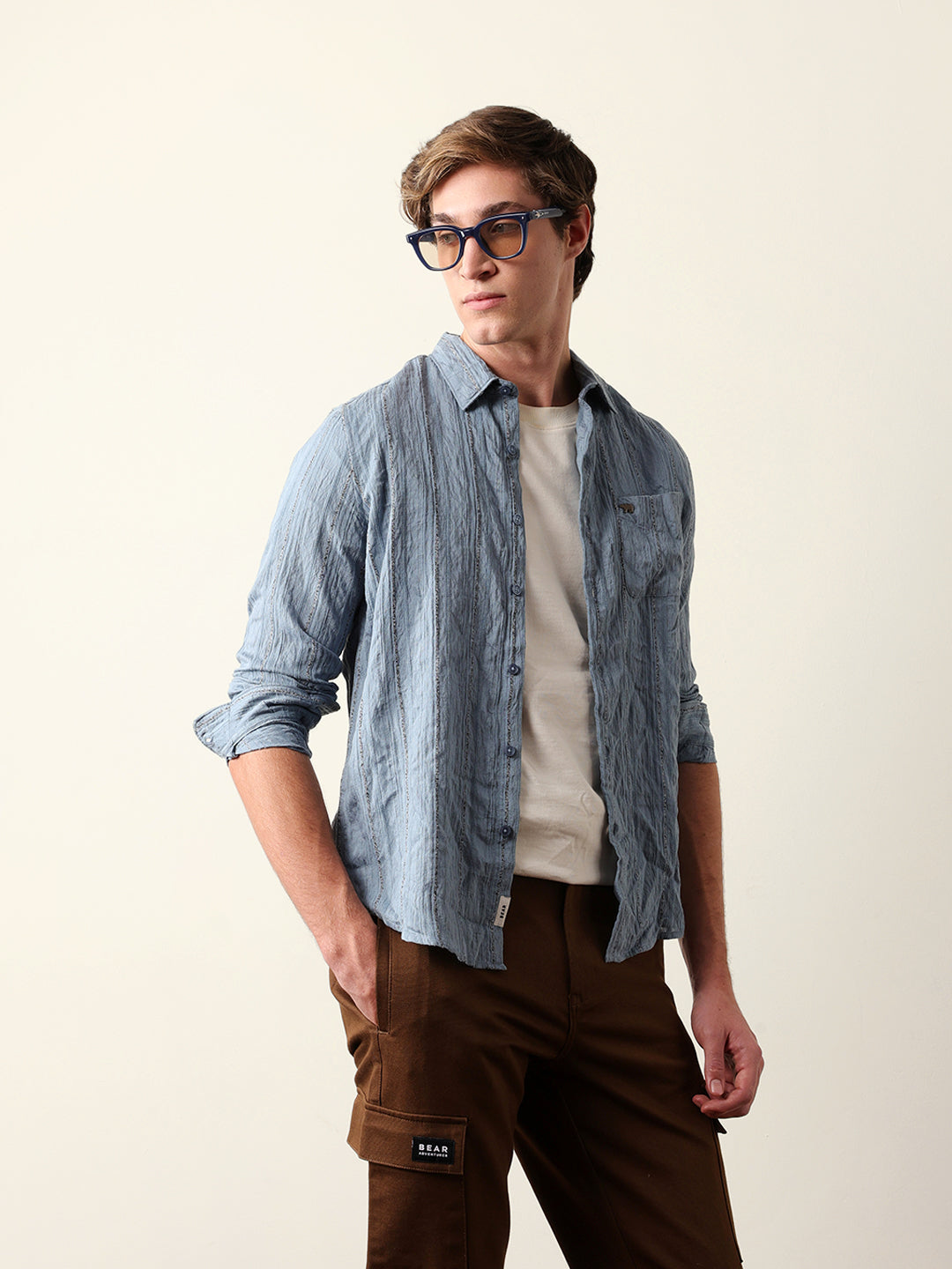 Blue Vertical Seersucker Pinstripe Slim Fit Casual Shirt