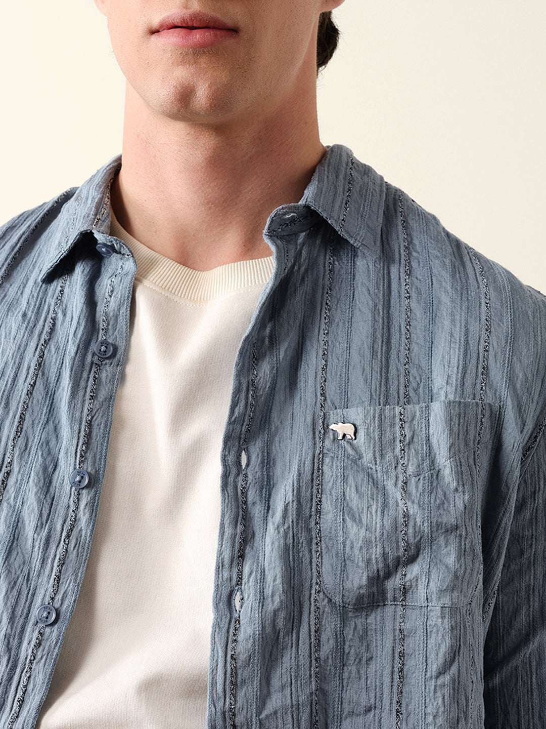 Blue Vertical Seersucker Pinstripe Slim Fit Casual Shirt