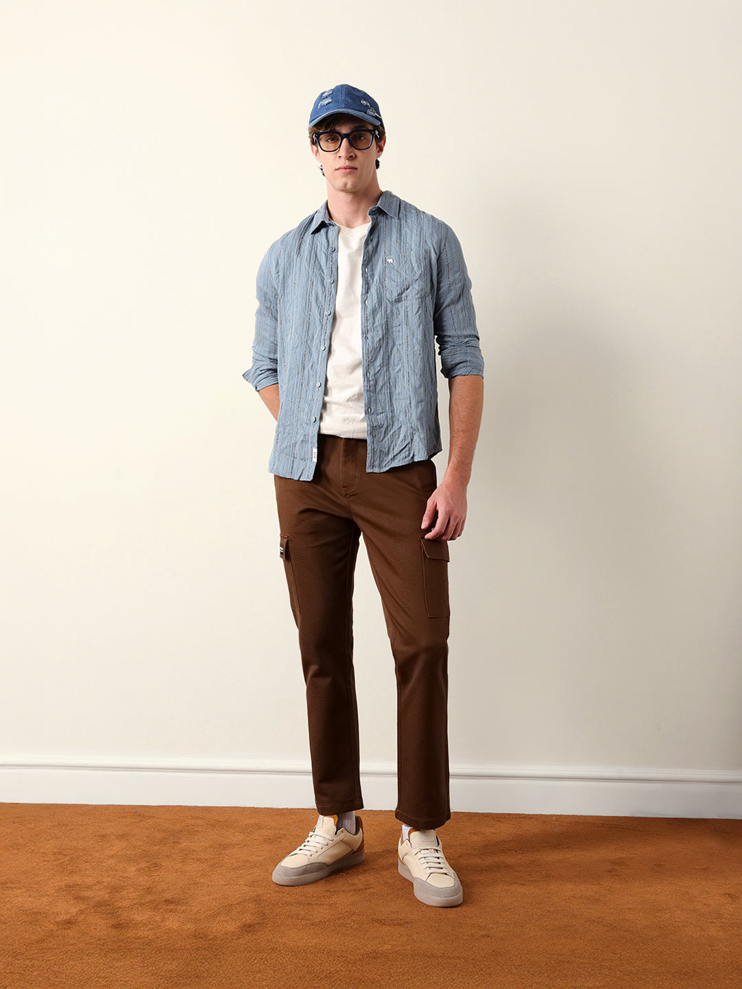 Blue Vertical Seersucker Pinstripe Slim Fit Casual Shirt