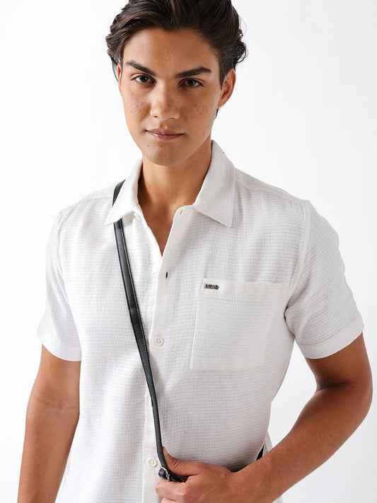 White Textured Weave Regular Fit Half-Sleeve Casual Shirt