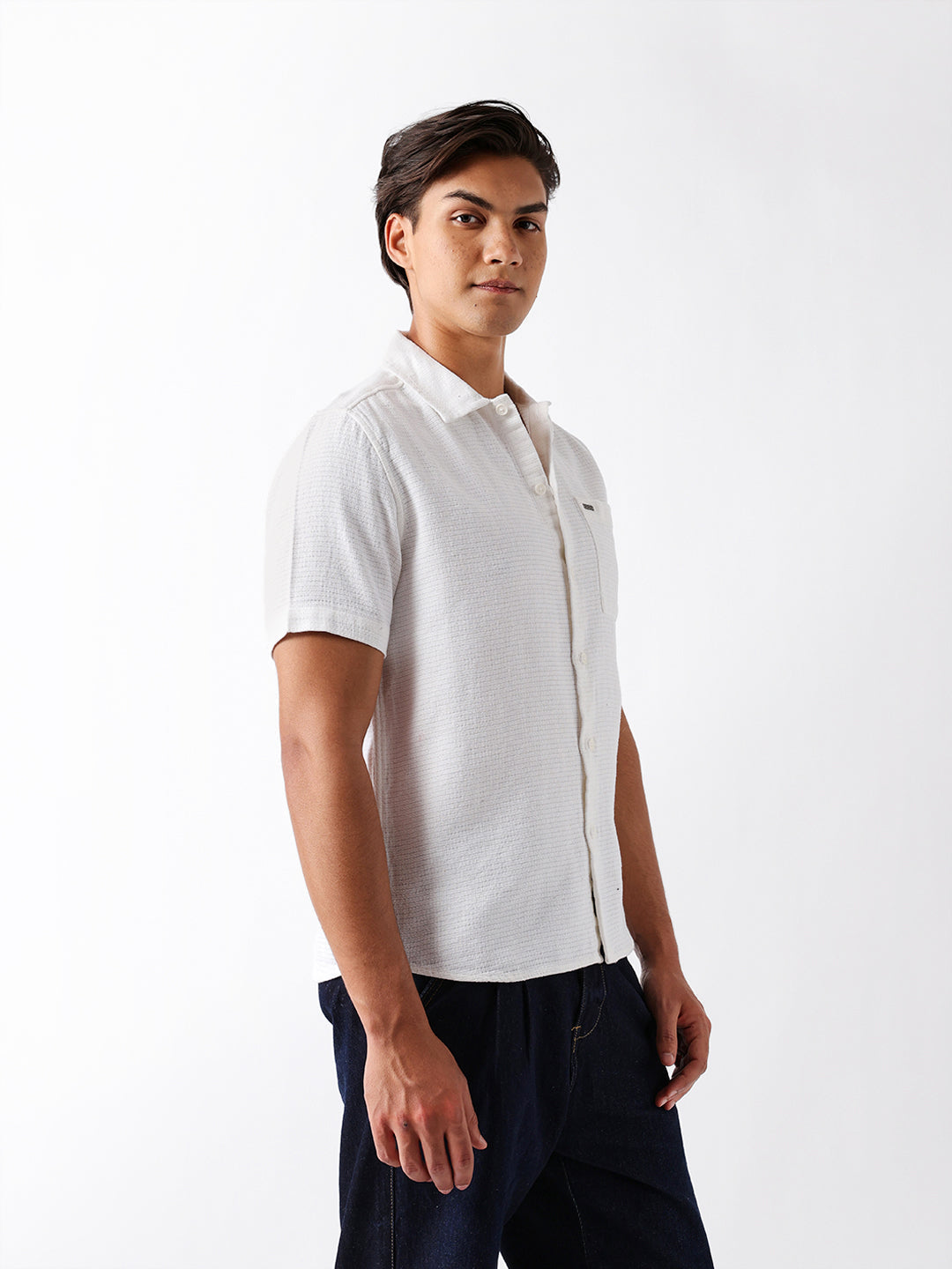 White Textured Weave Regular Fit Half-Sleeve Casual Shirt