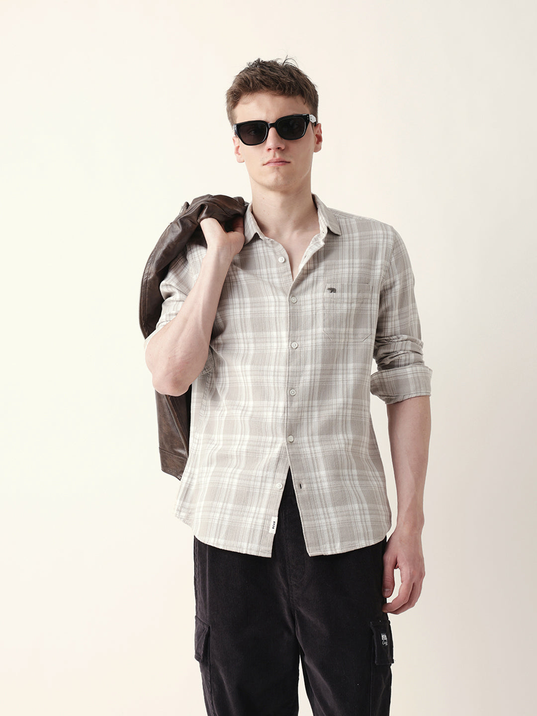 Beige Woven Checkered Slim Fit Casual Shirt