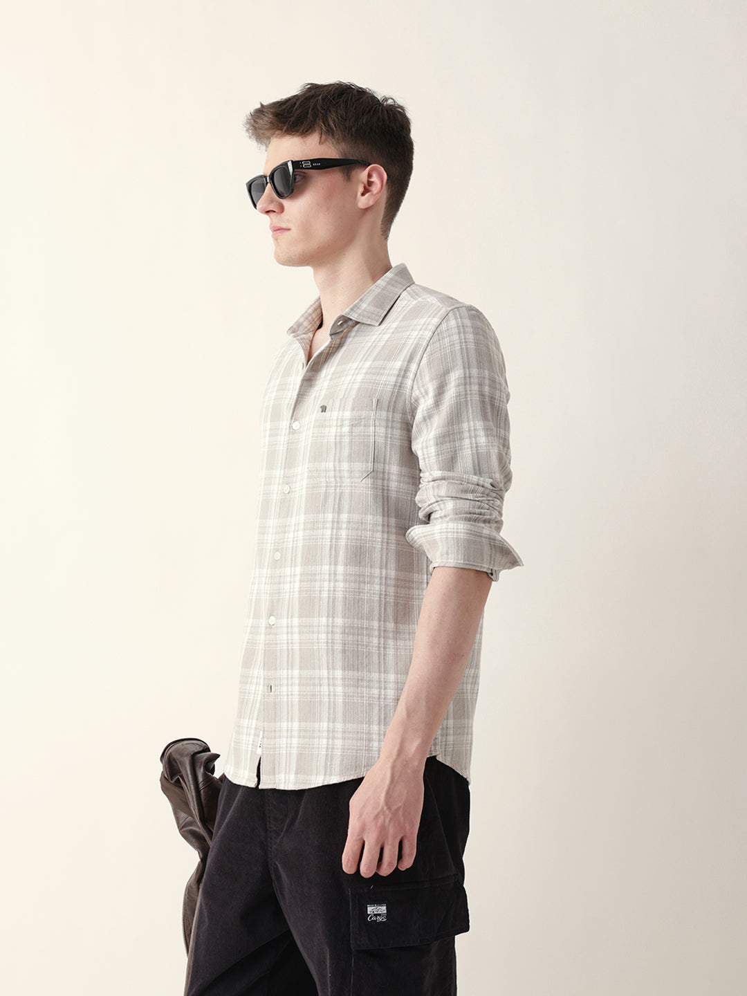 Beige Woven Checkered Slim Fit Casual Shirt
