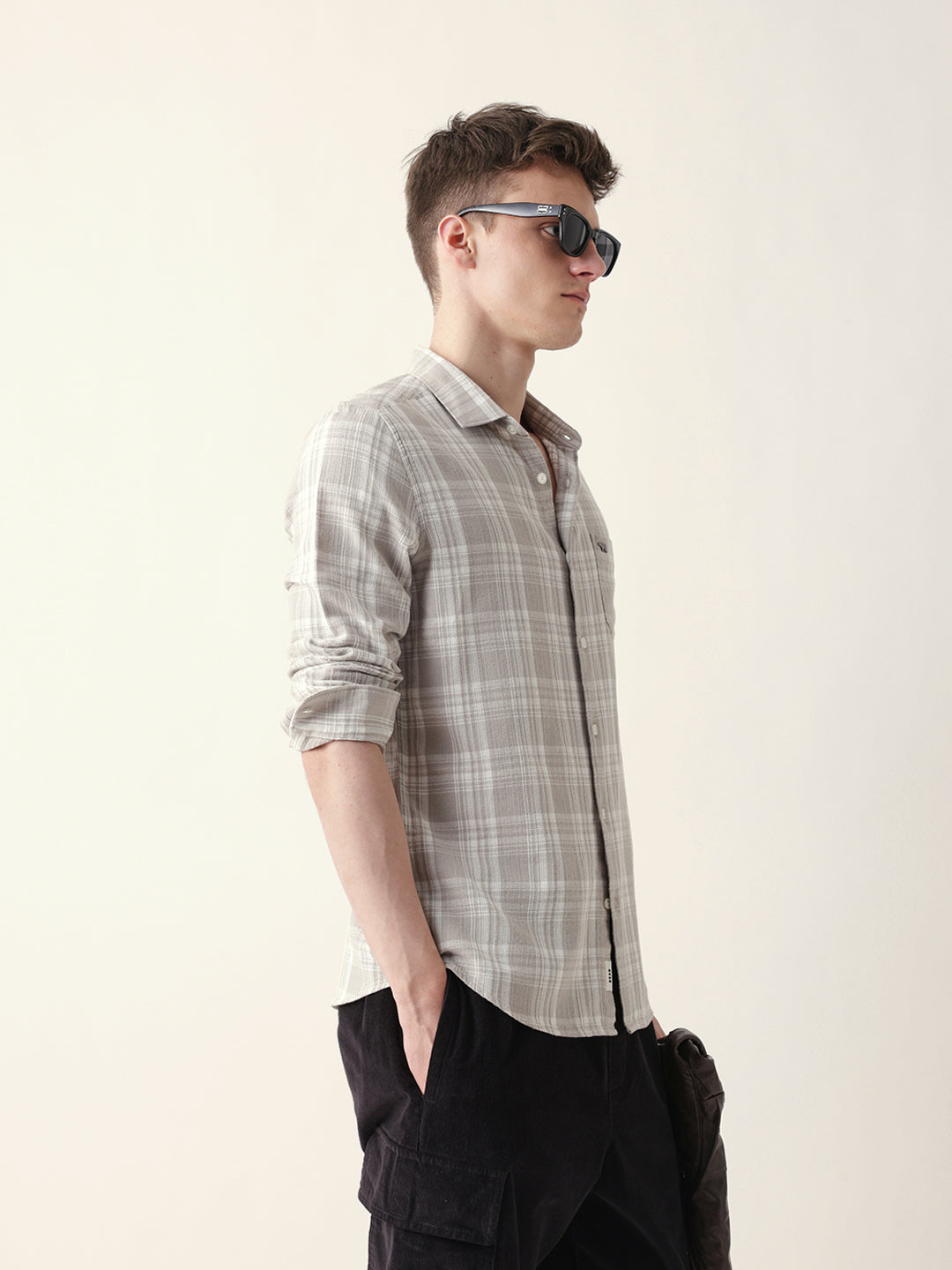 Beige Woven Checkered Slim Fit Casual Shirt
