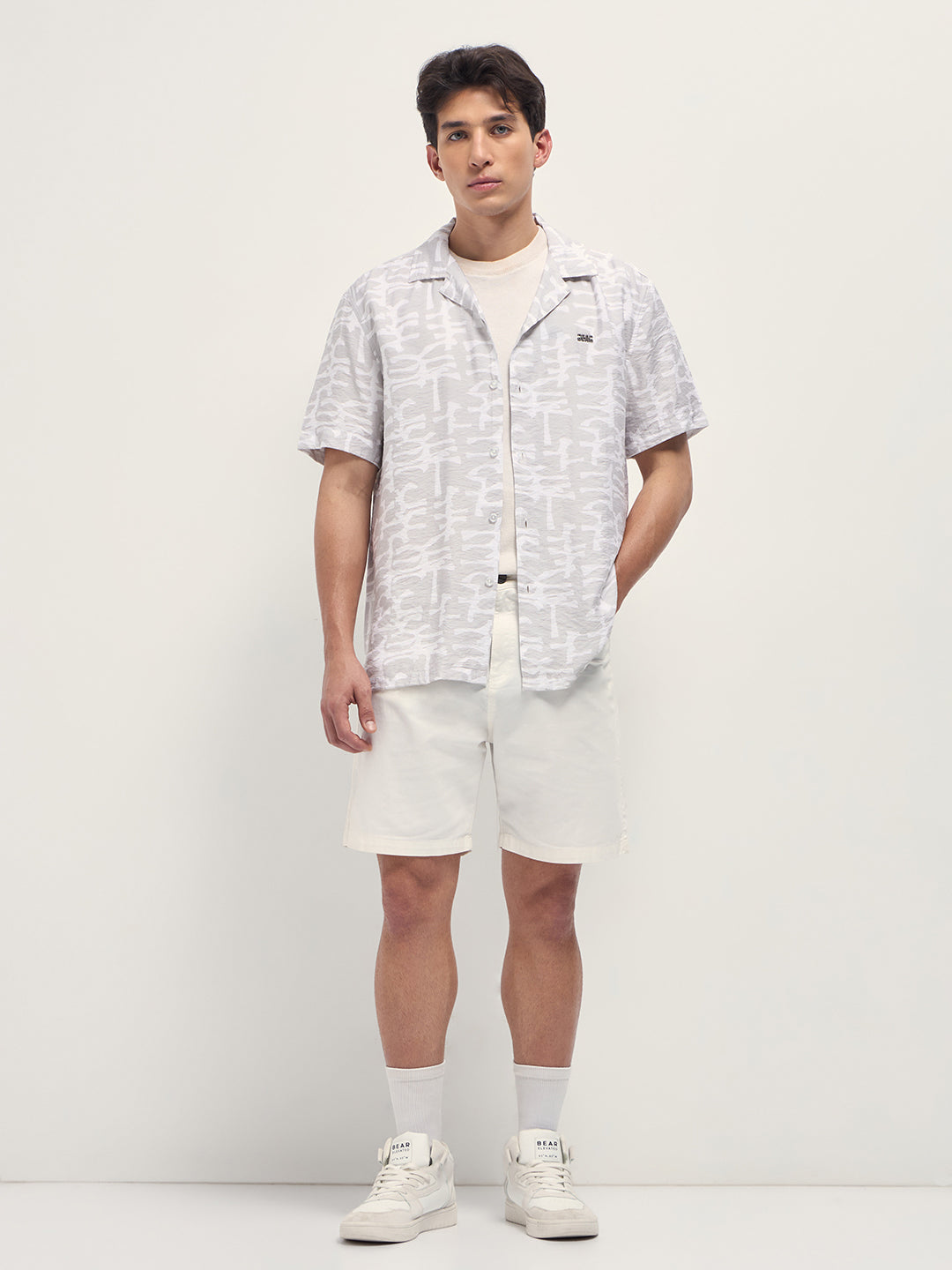 Beige Abstract Brush Stroke Print Relaxed Fit Cuban Collar Shirt