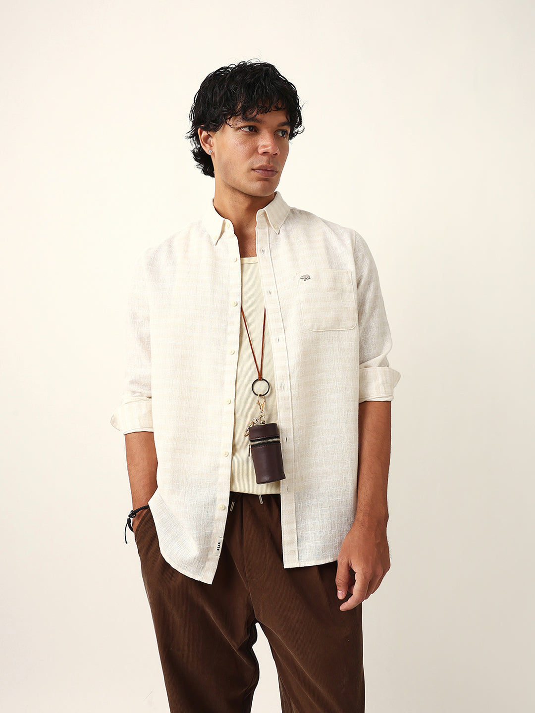 Cream Woven Checked Slim Fit Casual Shirt with Button-Down Collar