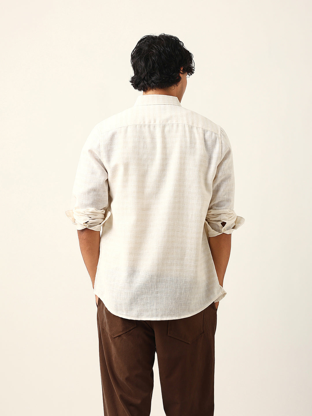 Cream Woven Checked Slim Fit Casual Shirt with Button-Down Collar