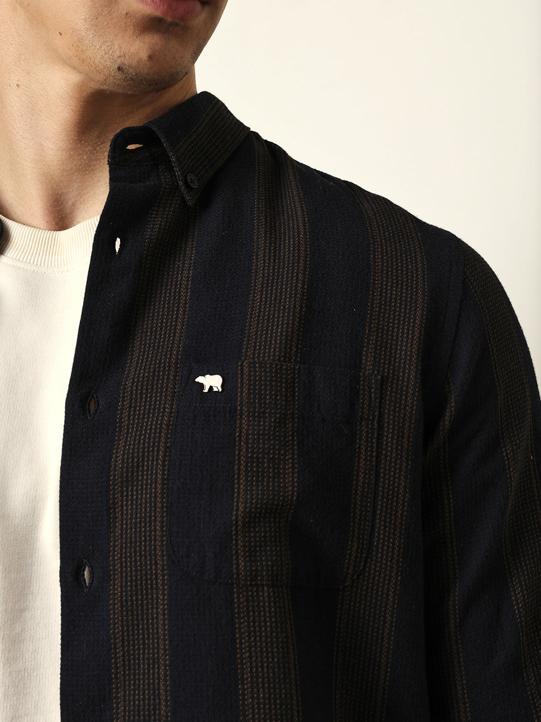 Black with Brown Woven Vertical Stripes Slim Fit Casual Shirt