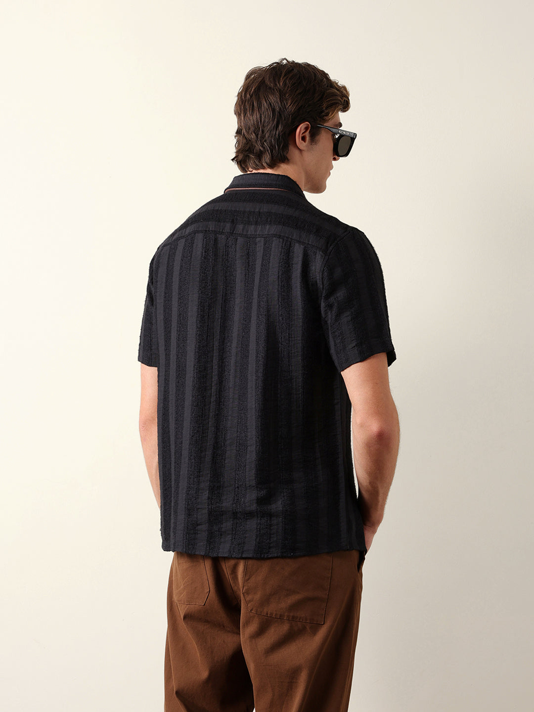 Black Vertical Stripe Dobby Woven Regular Fit Casual Shirt