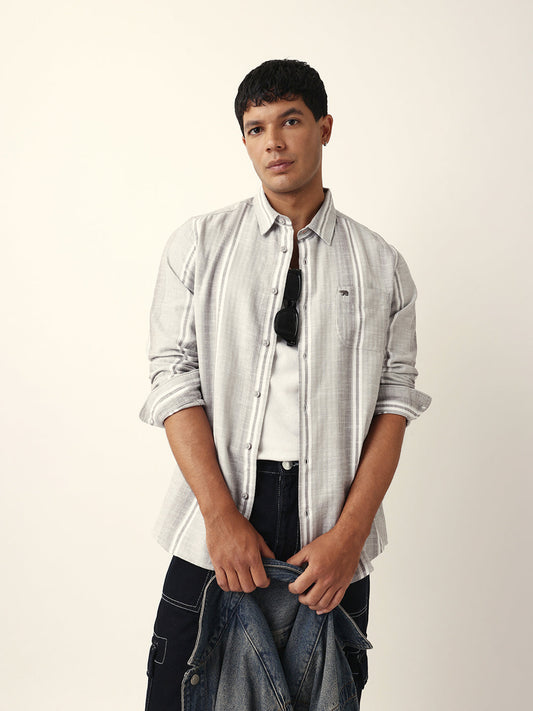 Grey & White Herringbone Striped Slim Fit Casual Shirt