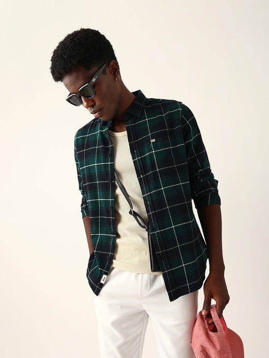 Dark Green & Black Flannel Checked Slim Fit Casual Shirt