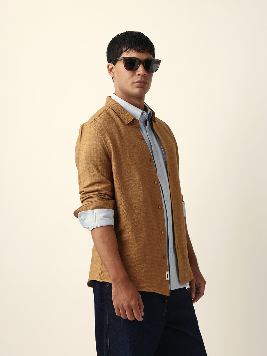 Beige Textured Woven Striped Slim Fit Casual Shirt