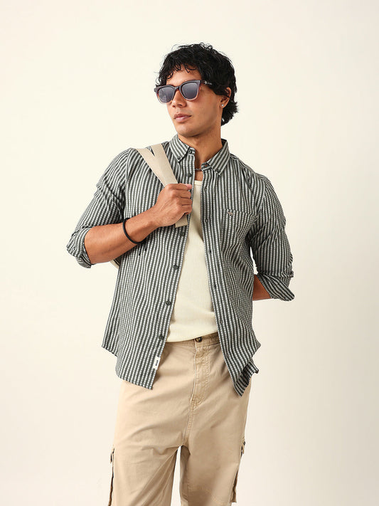 Olive & White Vertical Woven Striped Slim Fit Casual Shirt