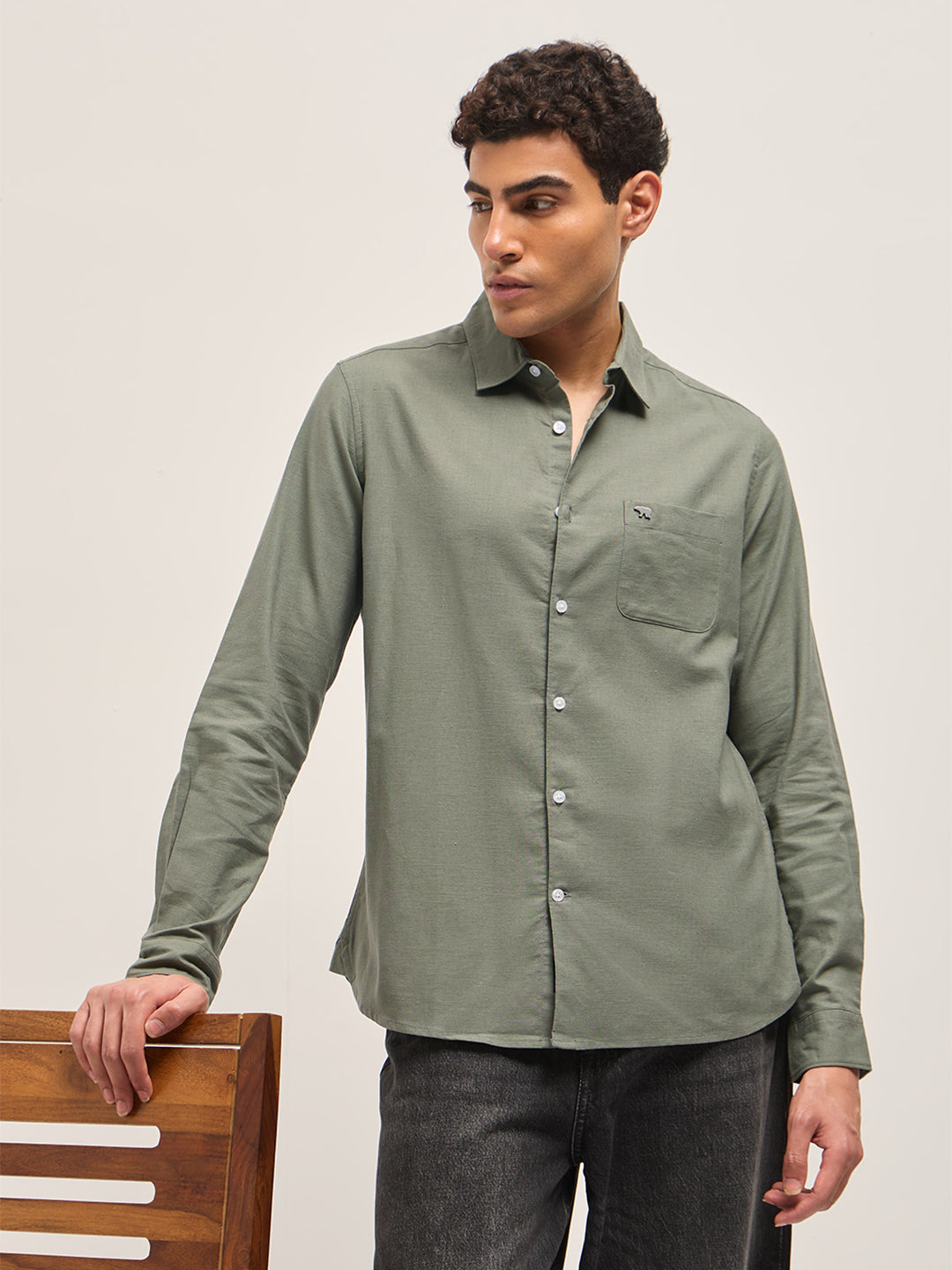 Olive Cotton Linen Slim Fit Solid Casual Shirt