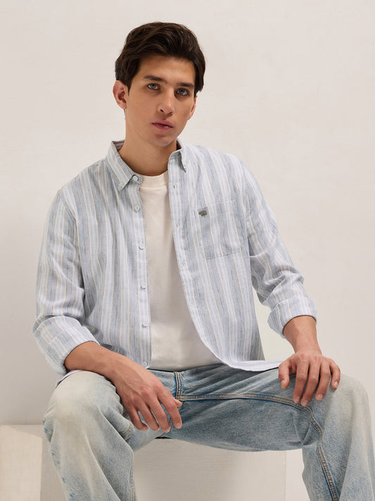 Blue with White Vertical Stripes Slim Fit Casual Shirt