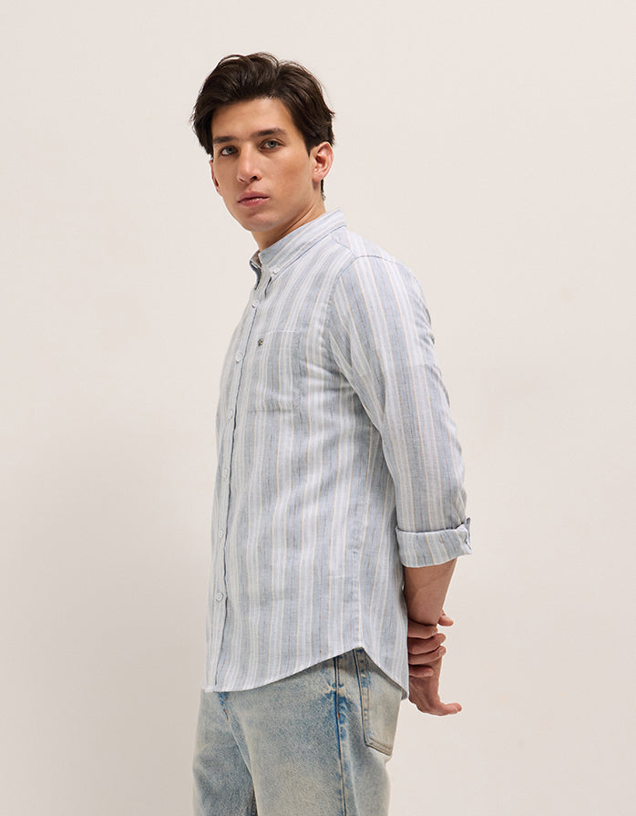 Blue with White Vertical Stripes Slim Fit Casual Shirt