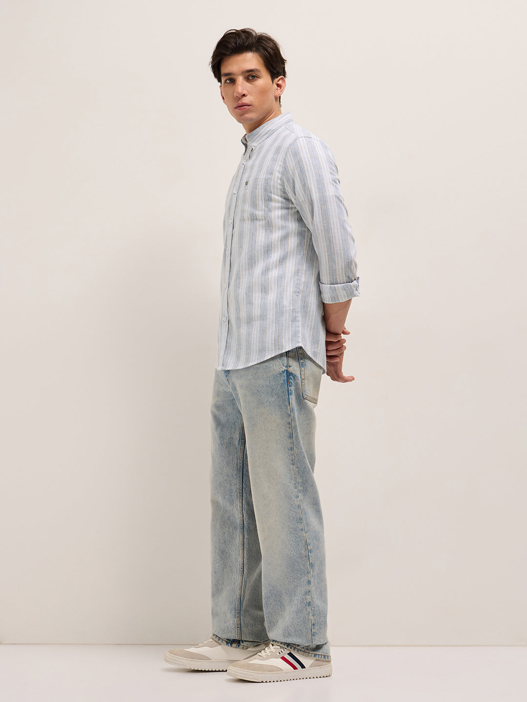 Blue with White Vertical Stripes Slim Fit Casual Shirt