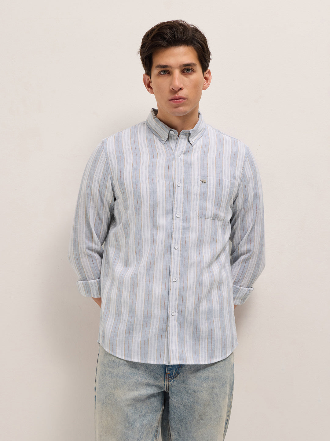 Blue with White Vertical Stripes Slim Fit Casual Shirt