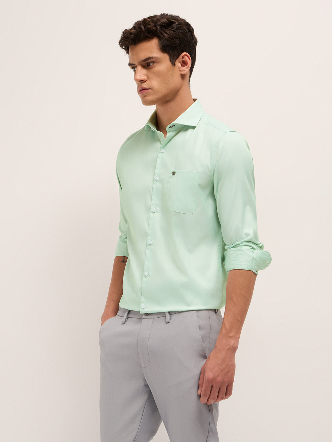 Green Herringbone Woven Tailored Fit Formal Shirt