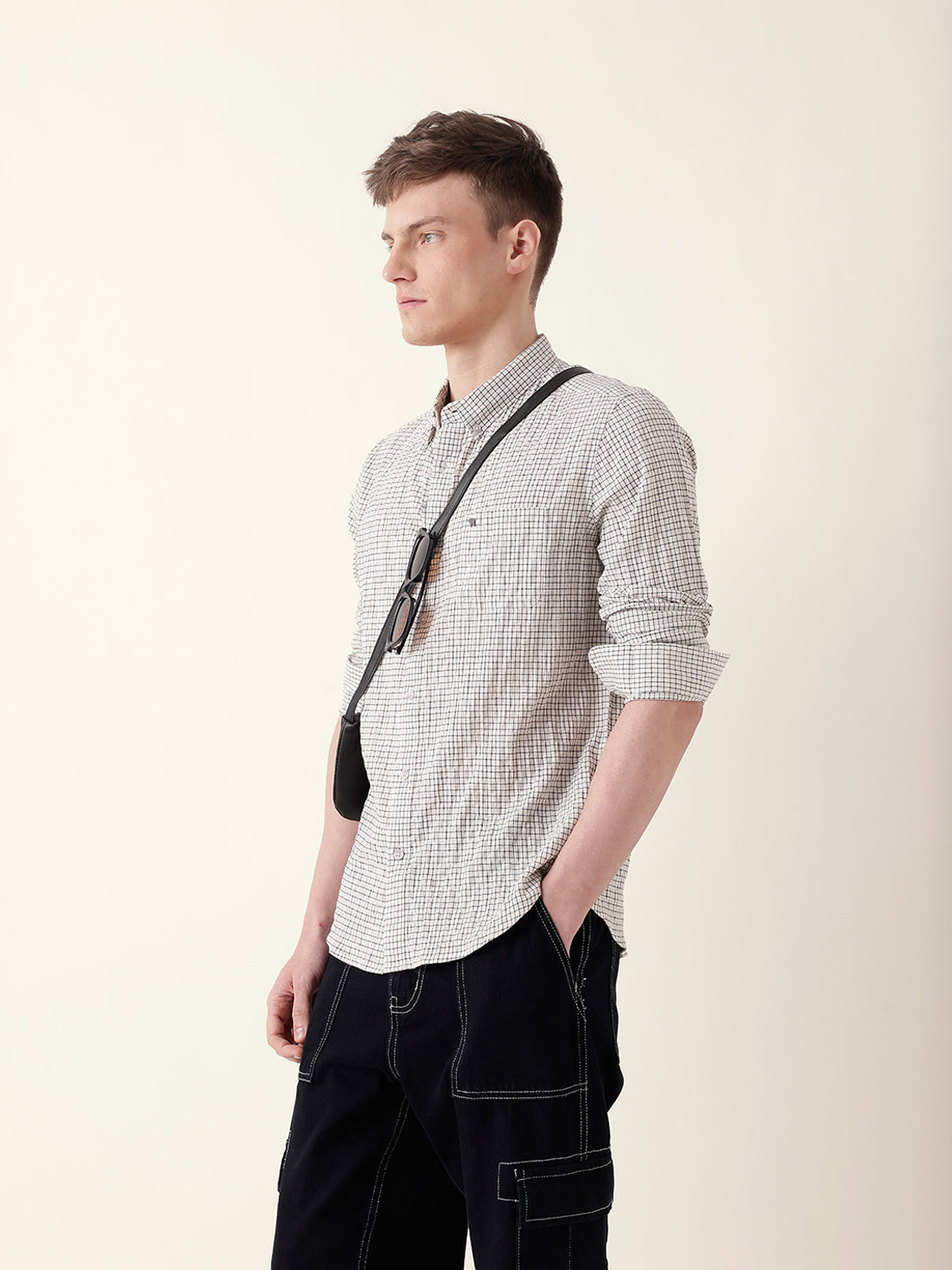 White with Black Woven Micro Checked Slim Fit Casual Shirt