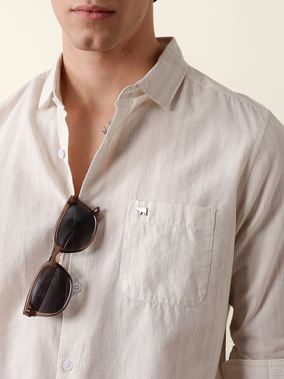 Beige Vertical Pinstripe Slim Fit Casual Shirt