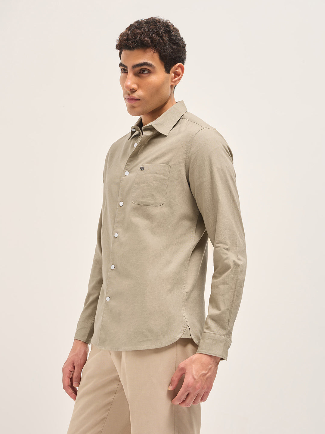 Beige Cotton Linen Slim Fit Solid Casual Shirt