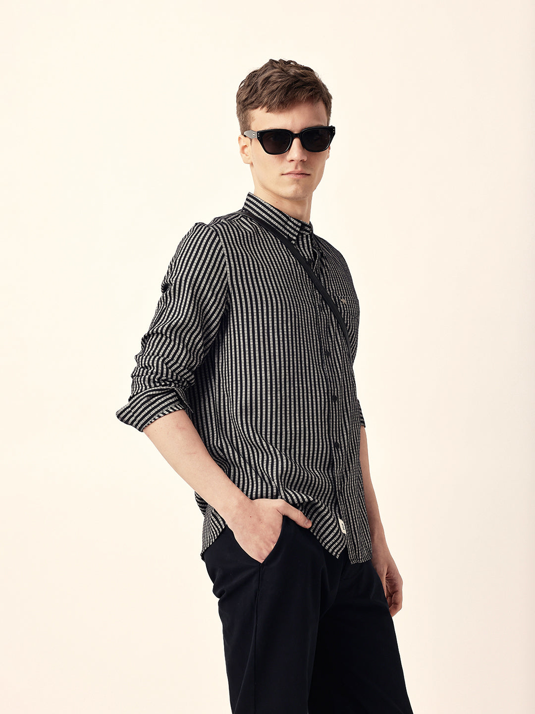 Black & White Vertical Woven Pinstriped Slim Fit Casual Shirt