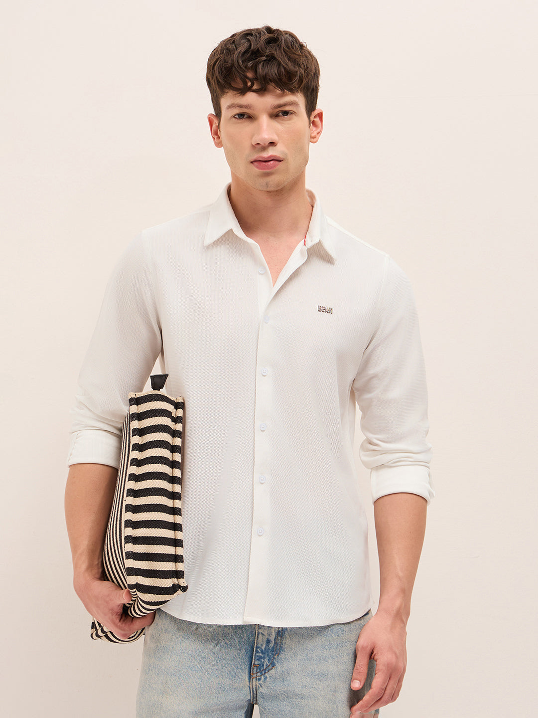 White Woven Textured Regular Fit Casual Shirt