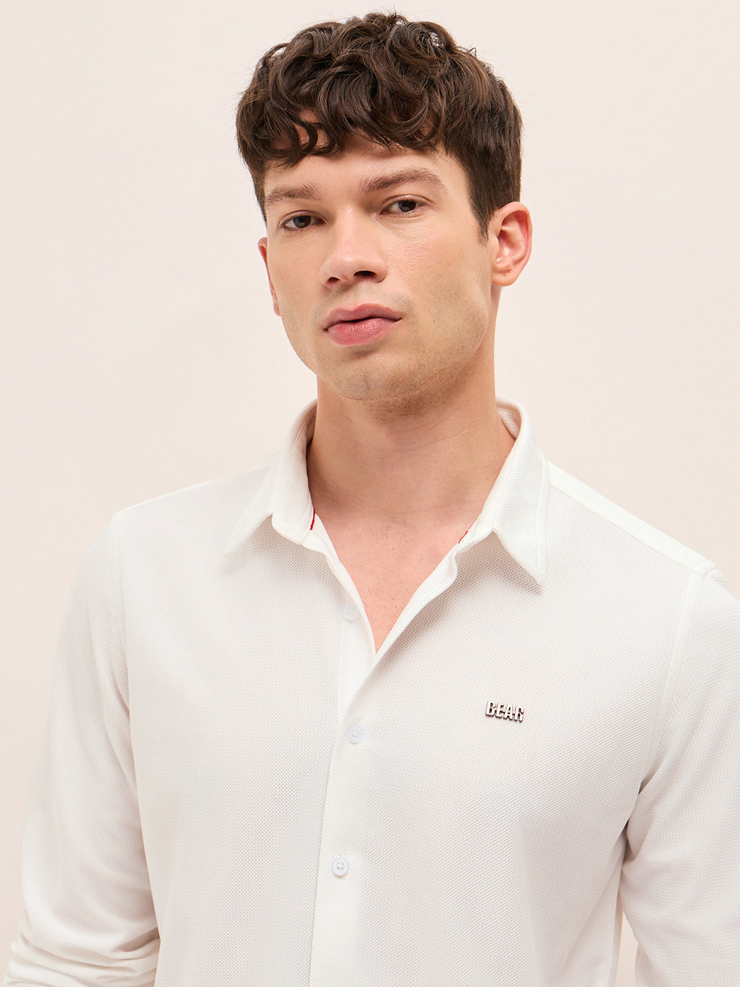 White Woven Textured Regular Fit Casual Shirt
