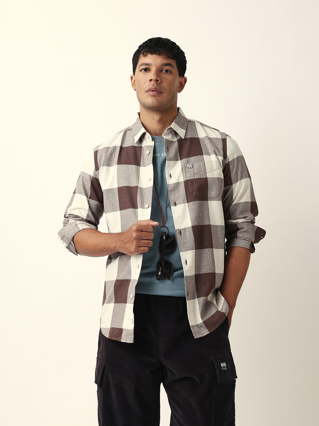 Brown with Cream Woven Checks Slim Fit Casual Shirt