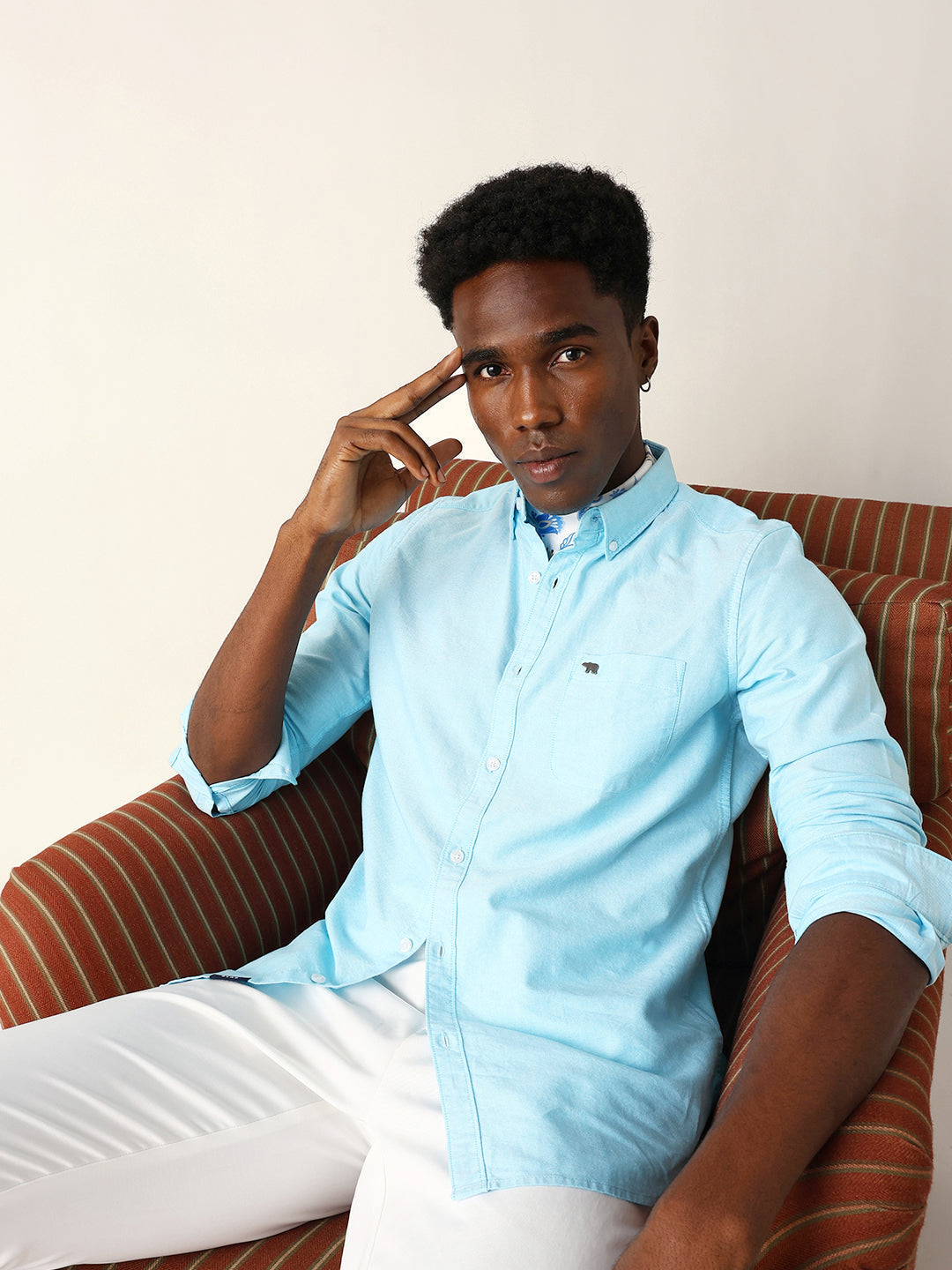 Sky Blue Cotton Solid Slim Fit Casual Shirt