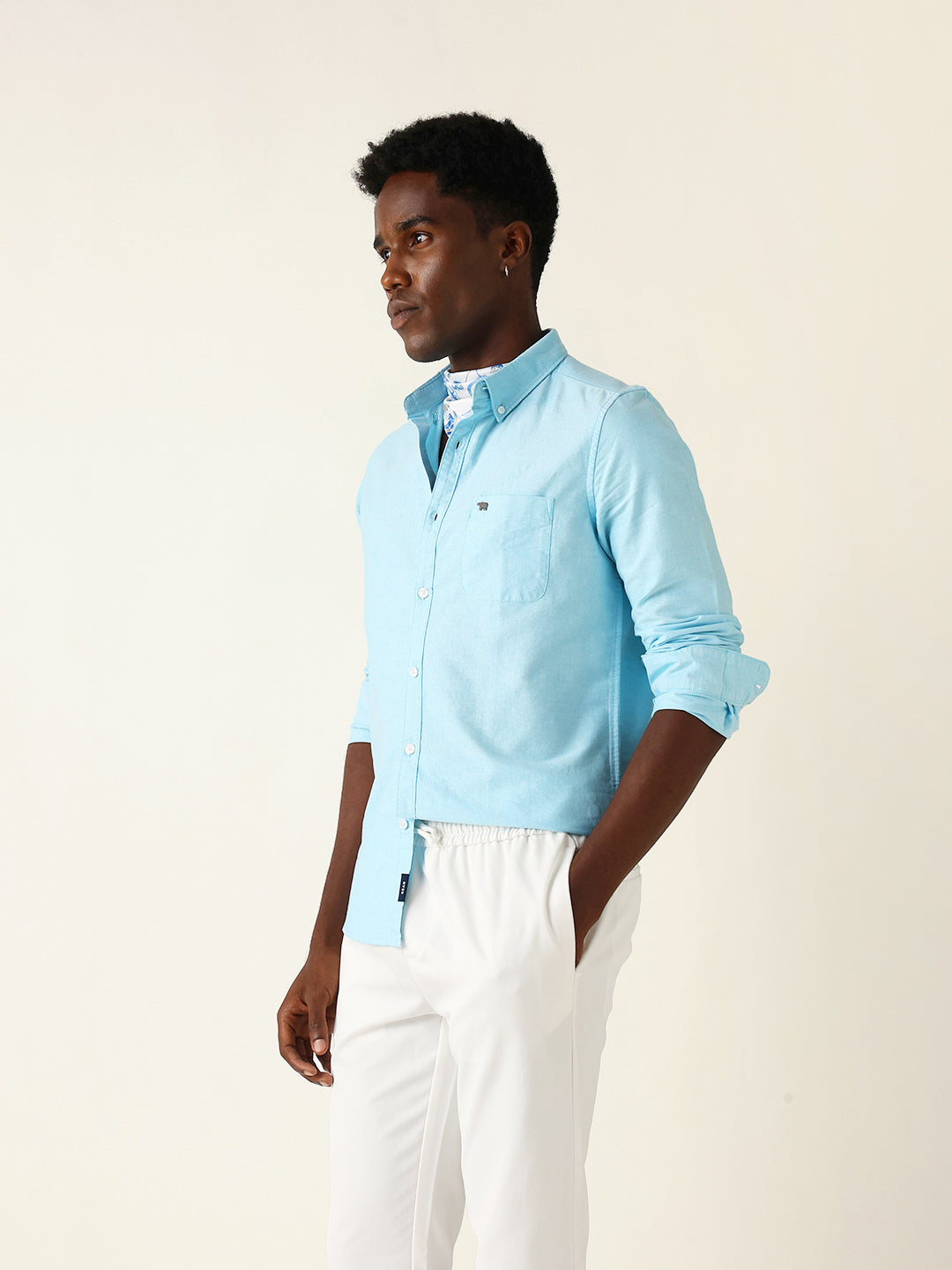 Sky Blue Cotton Solid Slim Fit Casual Shirt
