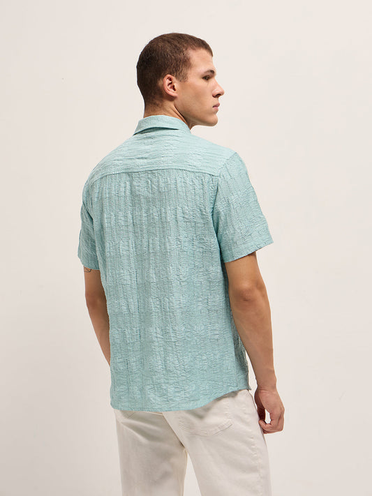 Blue Crinkle Textured Regular Fit Half-Sleeve Casual Shirt