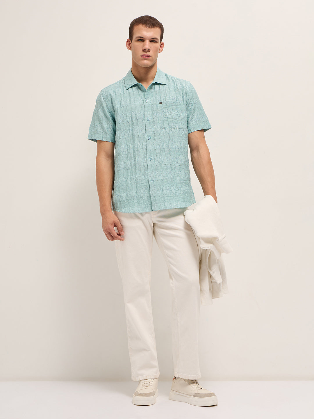 Blue Crinkle Textured Regular Fit Half-Sleeve Casual Shirt