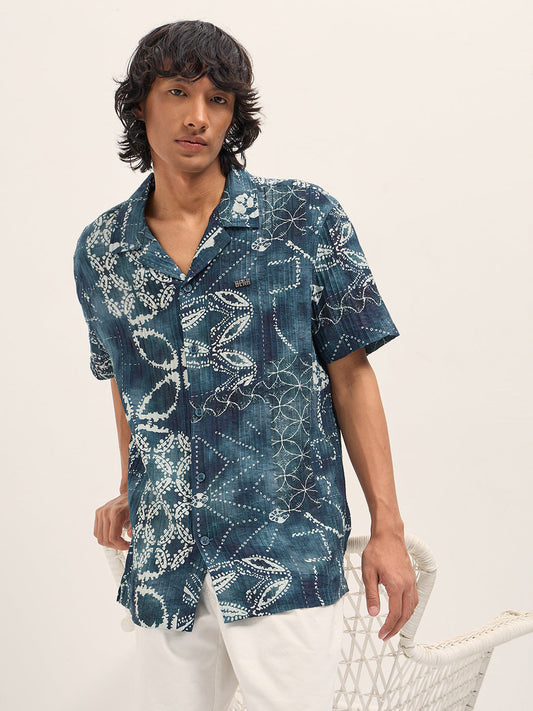 Blue Viscose Paisley Print Relaxed Fit Cuban Collar Shirt
